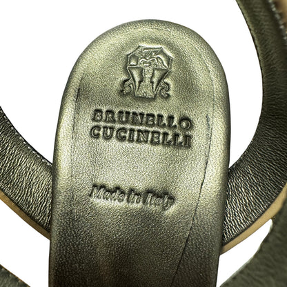 Brunello Cucinelli Tan Black Leather Espedrille Wedge Sandals Womens 9