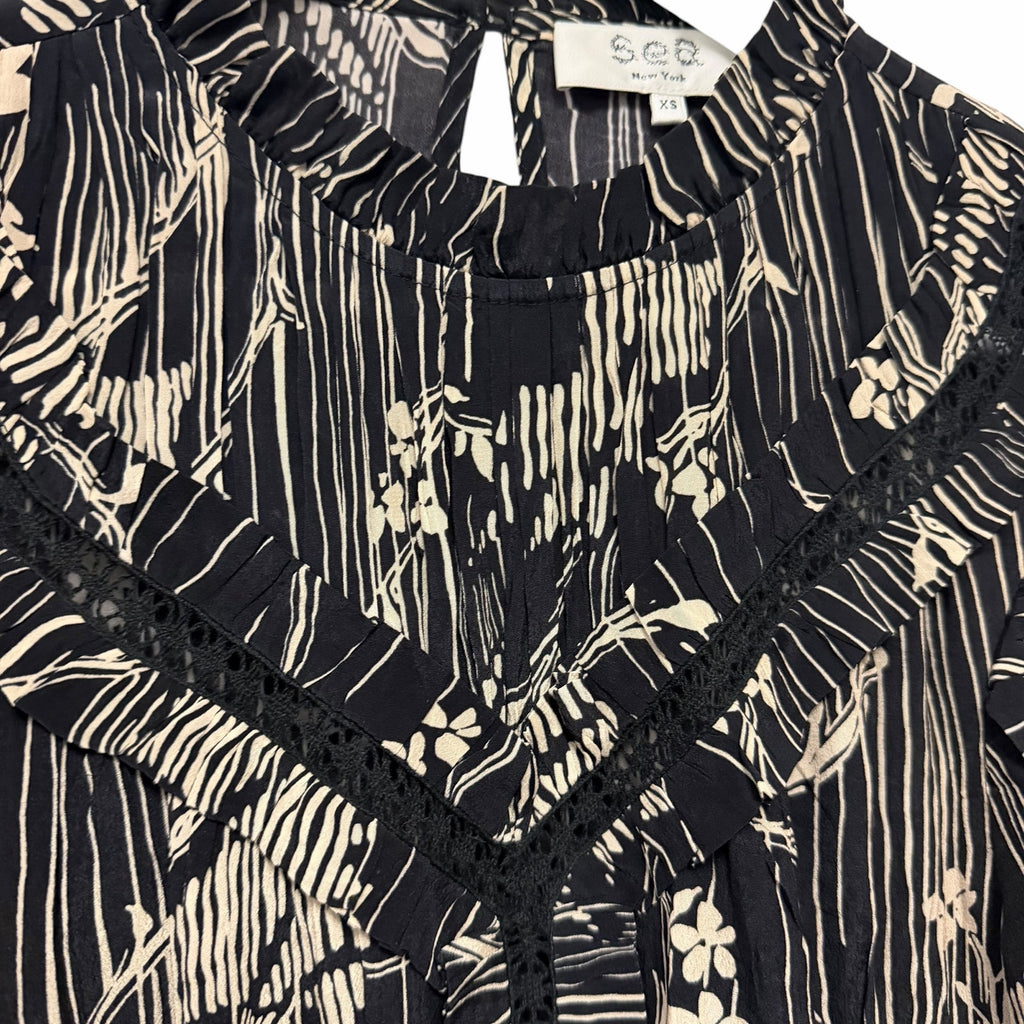 Sea New York Sunniva Mini Dress Black Beige Floral Print Size XS Boho Neutral