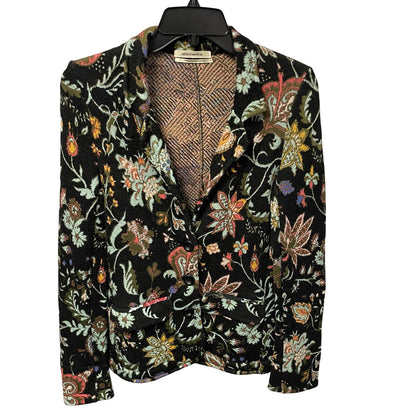 Anthropologie Aldomartins Wool Blend Knit Black Floral Intarsia Blazer Size 4