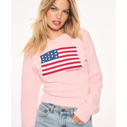 LoveShackFancy Blushing Liberty Pink Ty Cotton Flag Pullover Sweater Womens XS