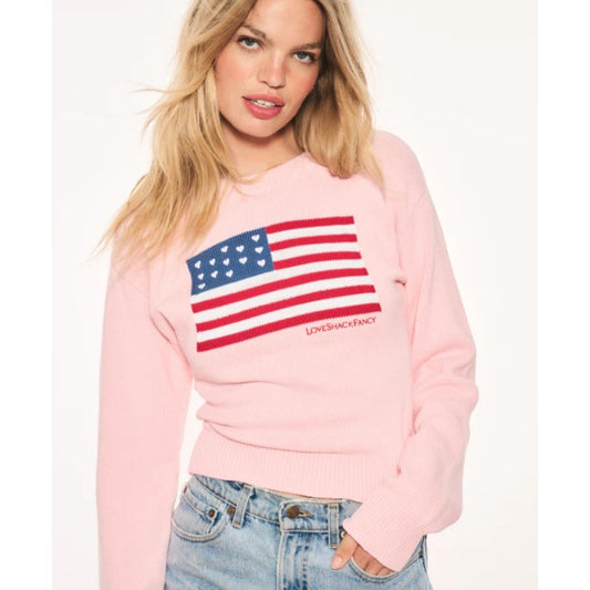 LoveShackFancy Blushing Liberty Pink Ty Cotton Flag Pullover Sweater Womens XS