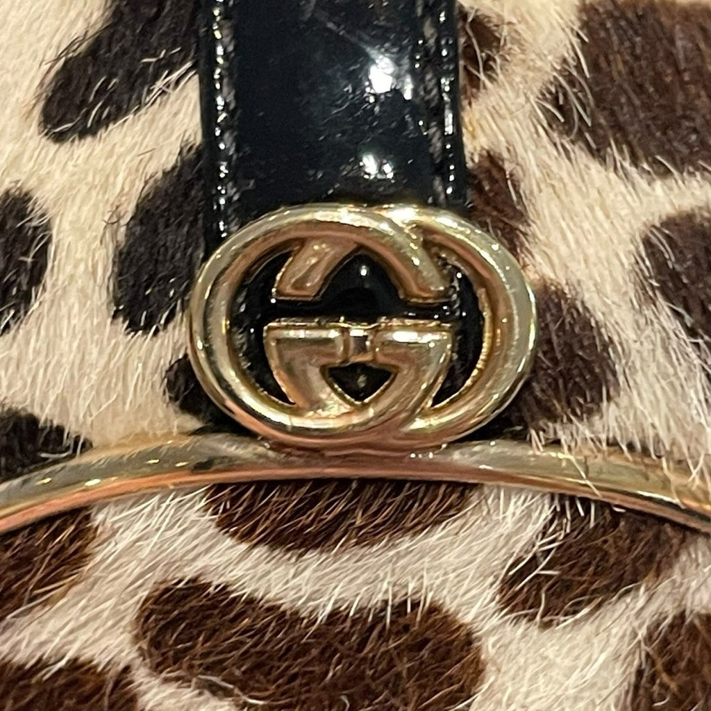 Gucci Paloma Leopard Print Pony Hair Heeled Bootie GG Logo Size 37.5 / US 7.5