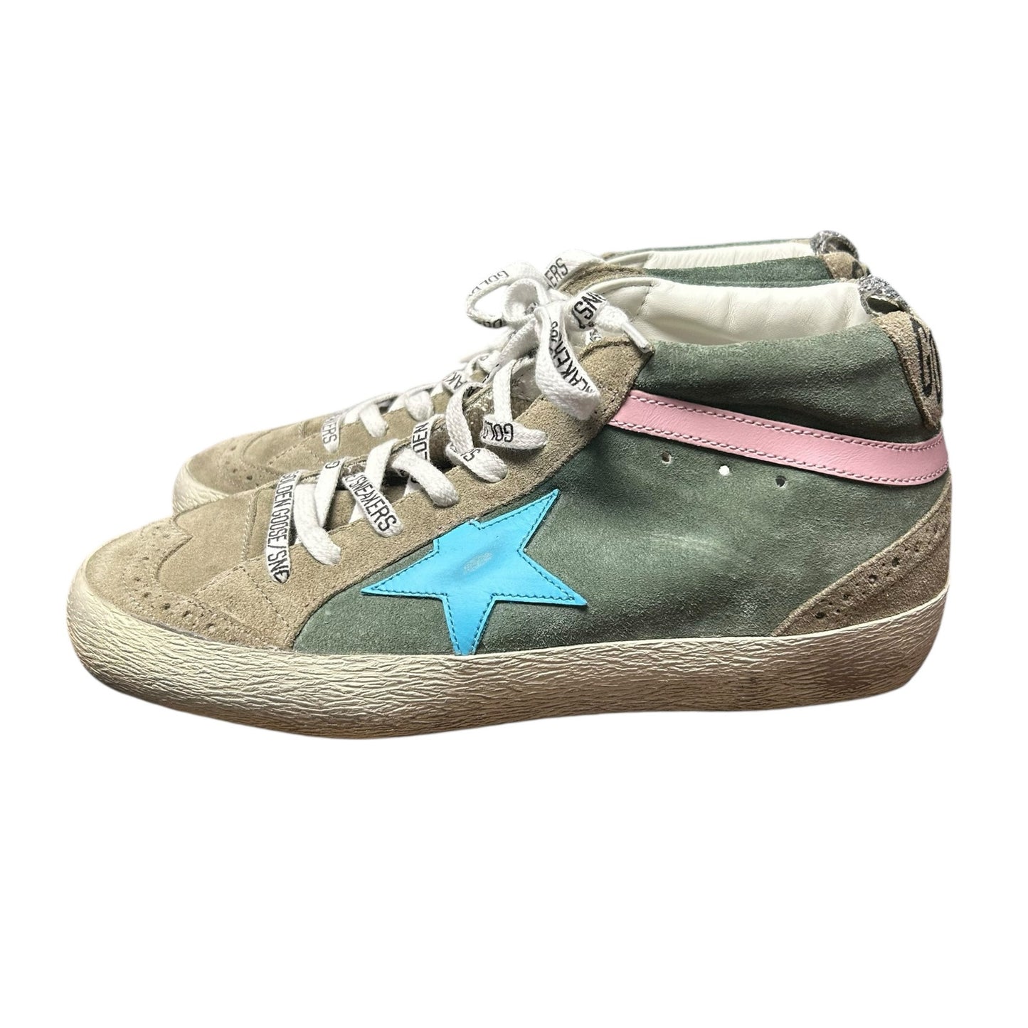 Golden Goose Mid Star Green Tan Suede Blue Star Lace Up Sneakers Womens 39 / 9