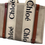 NWT Chloe Woody Small Logo Tote Canvas Linen Leather Shouler Strap White Brown