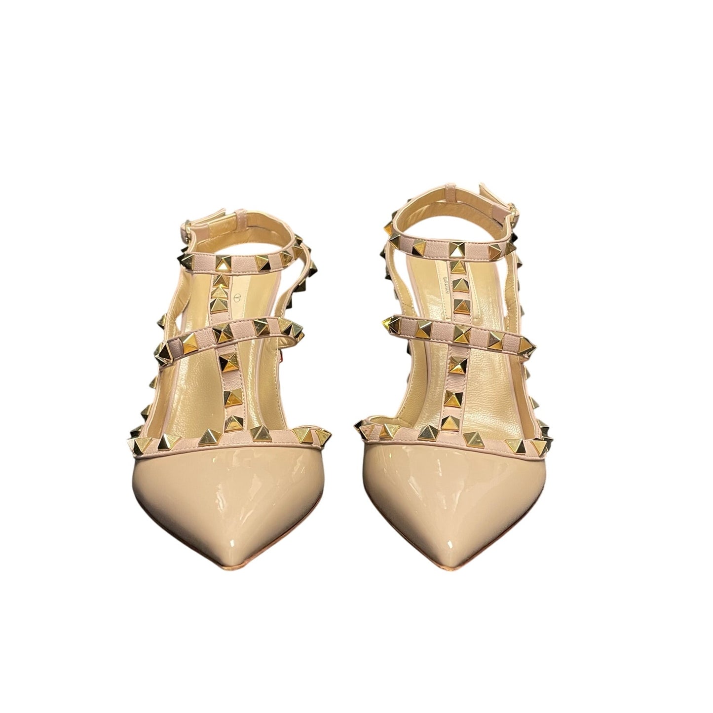 Valentino Garavani Rockstud T Strap Pointed Toe Blush Leather Heels 40 / US 10