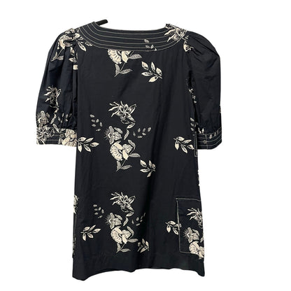 Caroline Constas Split Neck Short Sleeve Black White Floral Print Mini Dress XS