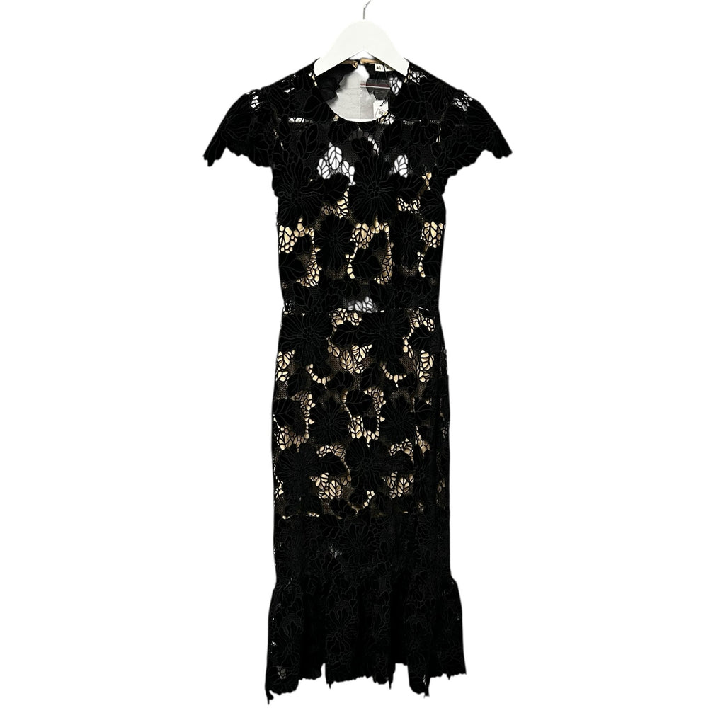 NWT Alice + Olivia Black Velvet Lace Clover Open Back Midi Dress Womens 2