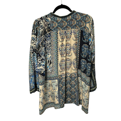 Johnny Was Blue Cream Carly Jessa 100% Silk Printed Tunic Top Womens Size Large