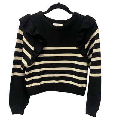 Cleobella Blair Sweater Black Cream Striped Ruffle Accent Crewneck Size Medium