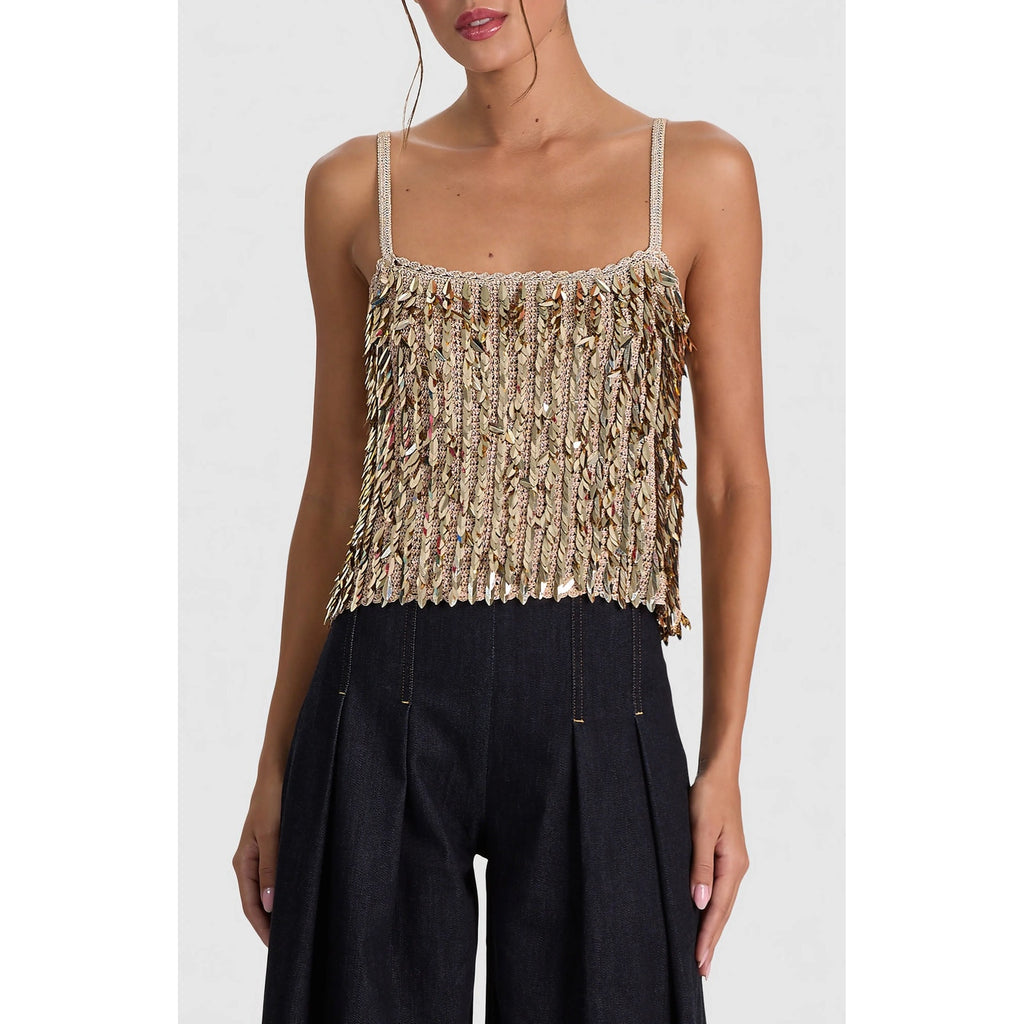NWT Alice + Olivia Sand Gold Nicolette Allover Sequin Camisole Tank Womens XS