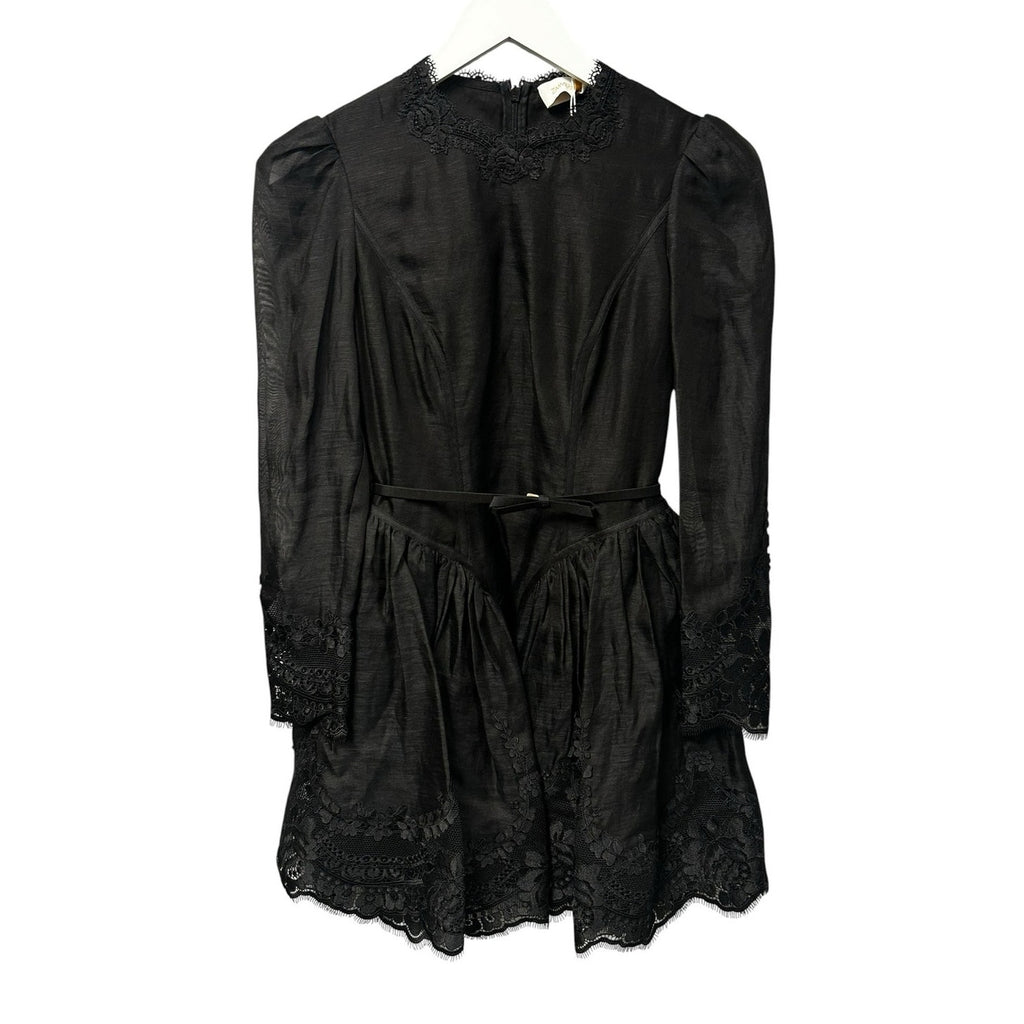 NWT Zimmermann Hypnotic Lace Trim Belted Linen Silk Mini Dress Black US 4