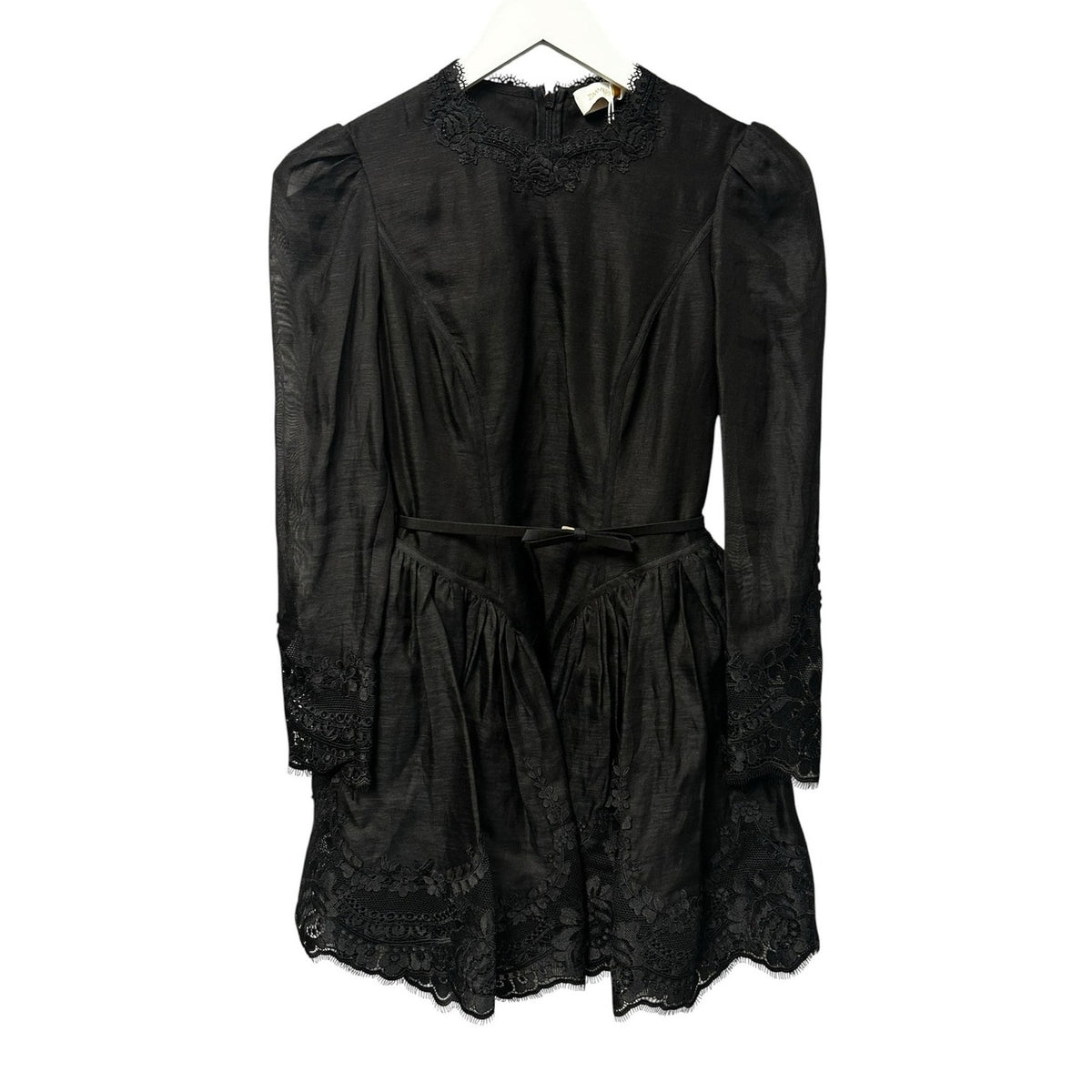NWT Zimmermann Hypnotic Lace Trim Belted Linen Silk Mini Dress Black US 4