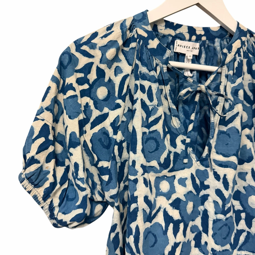 Apiece Apart Lumina Popover Blouse Organic Cotton Batik Floral Indigo Print XS