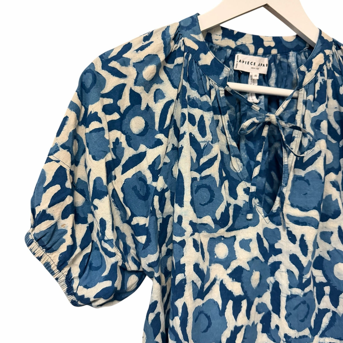 Apiece Apart Lumina Popover Blouse Organic Cotton Batik Floral Indigo Print XS