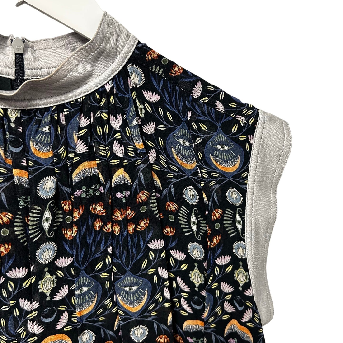 Chloe Blue Orange Evil Eye Lotus Print Pleated Bubble Top Womens 36 / US 4