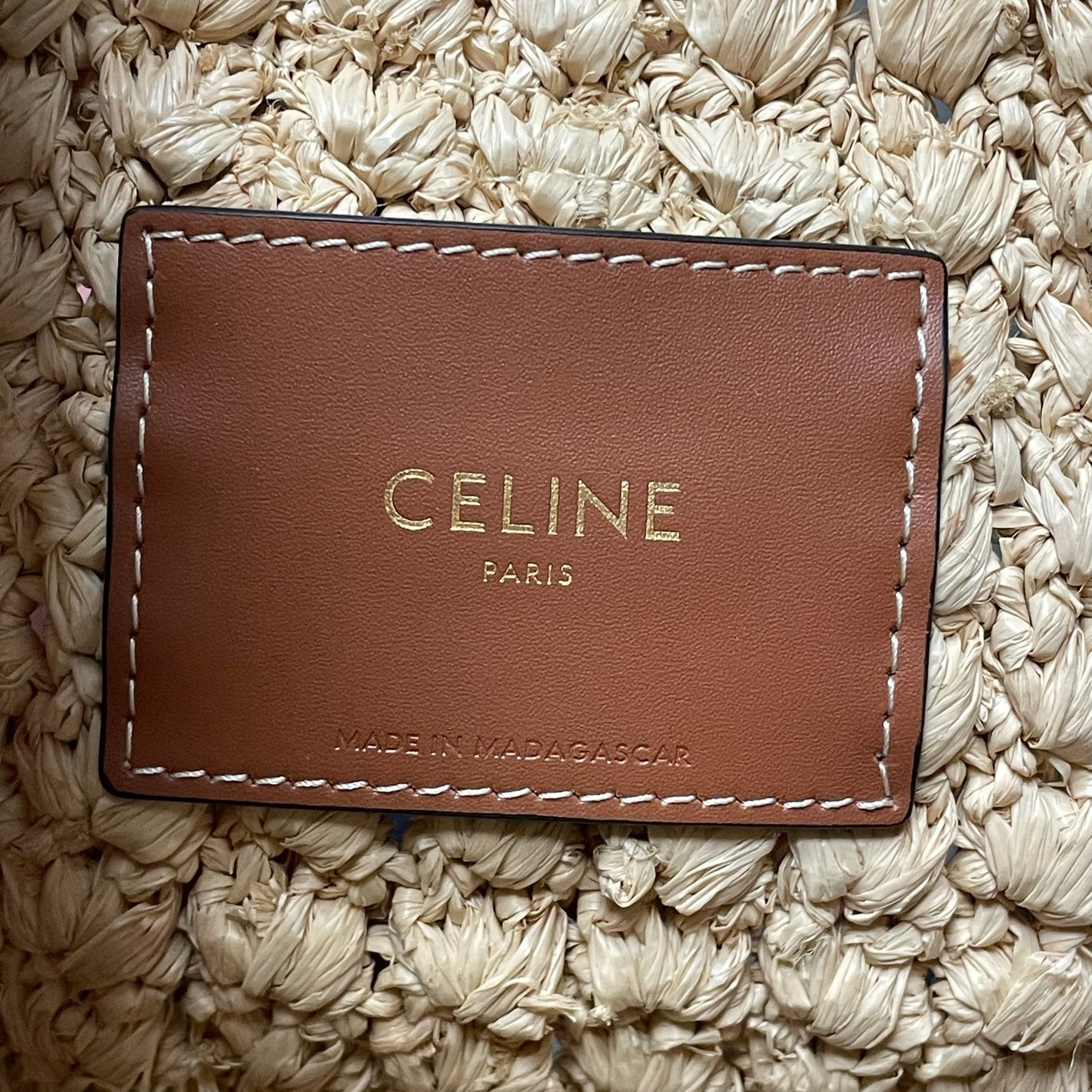 Celine Cabas Triangle Raffia and Calfskin Leather Tote Handbag in Natural / Tan