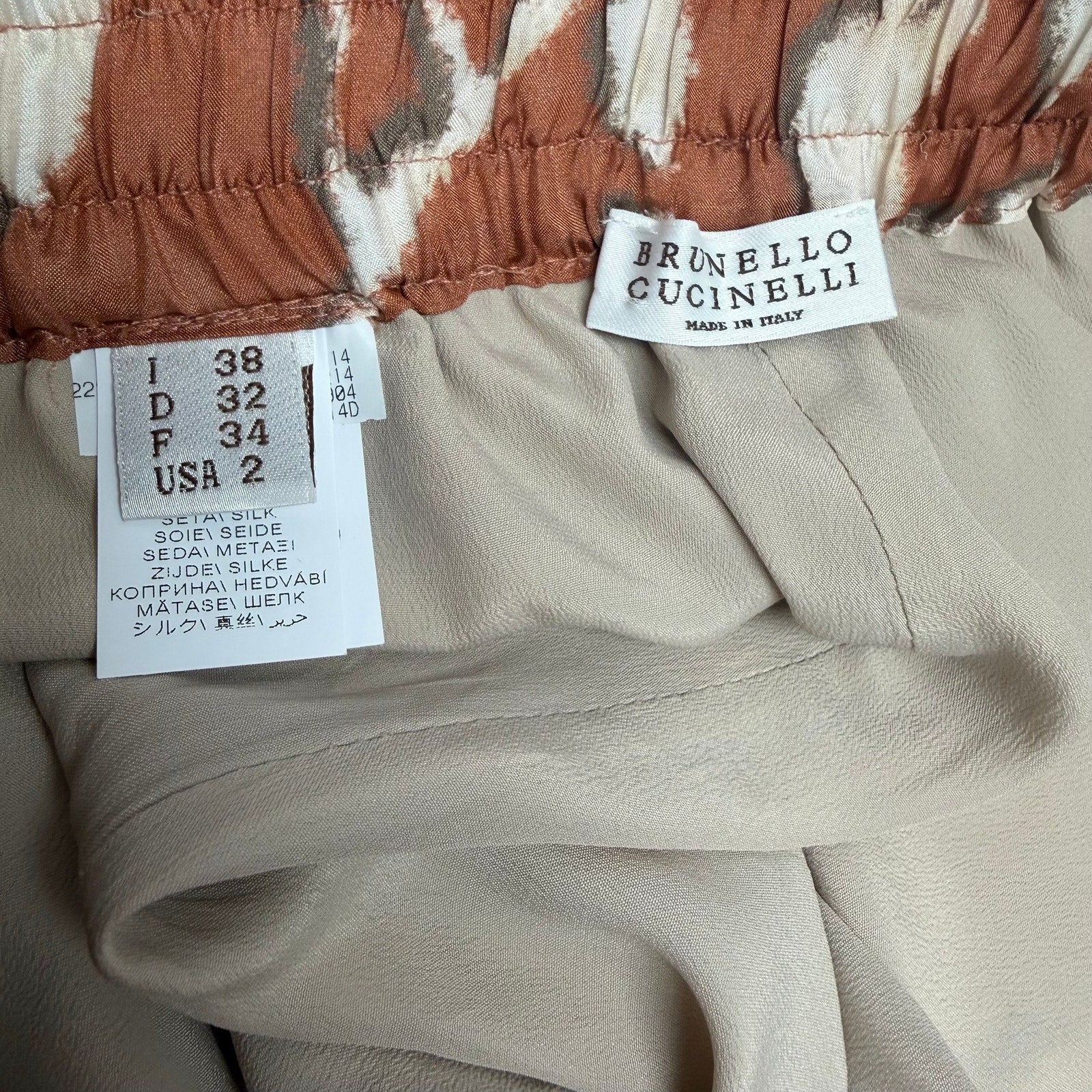 Brunello Cucinelli Silk Floral Print Drawstring Shorts Brown Orange Womens US 2