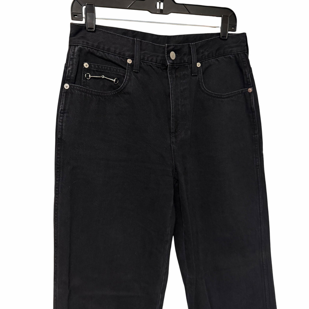 Gucci Horsebit High Rise Wide Leg Frayed Hem Jeans Black Denim Size 28 / US 8