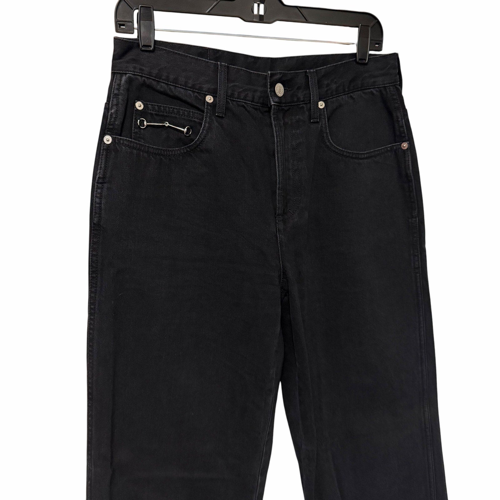 Gucci Horsebit High Rise Wide Leg Frayed Hem Jeans Black Denim Size 28 / US 8