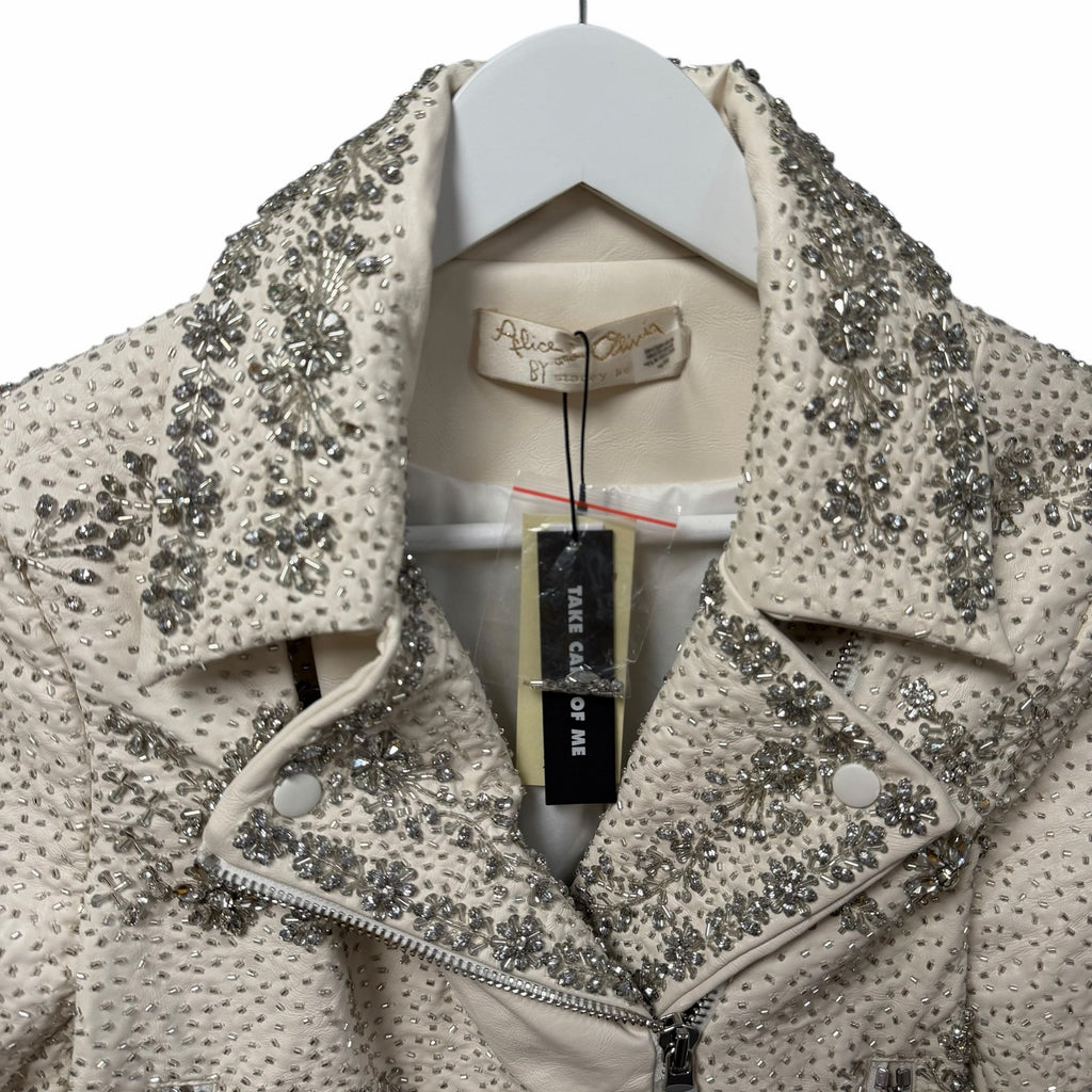 NWT Alice + Olivia Avril Embellished Vegan Moto Jacket Off White Womens Small