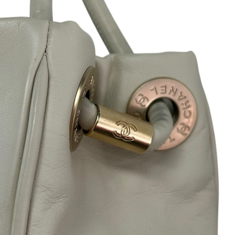 Chanel Beige Leather White Flower Camellia Double Handle Tote Shoulder Bag