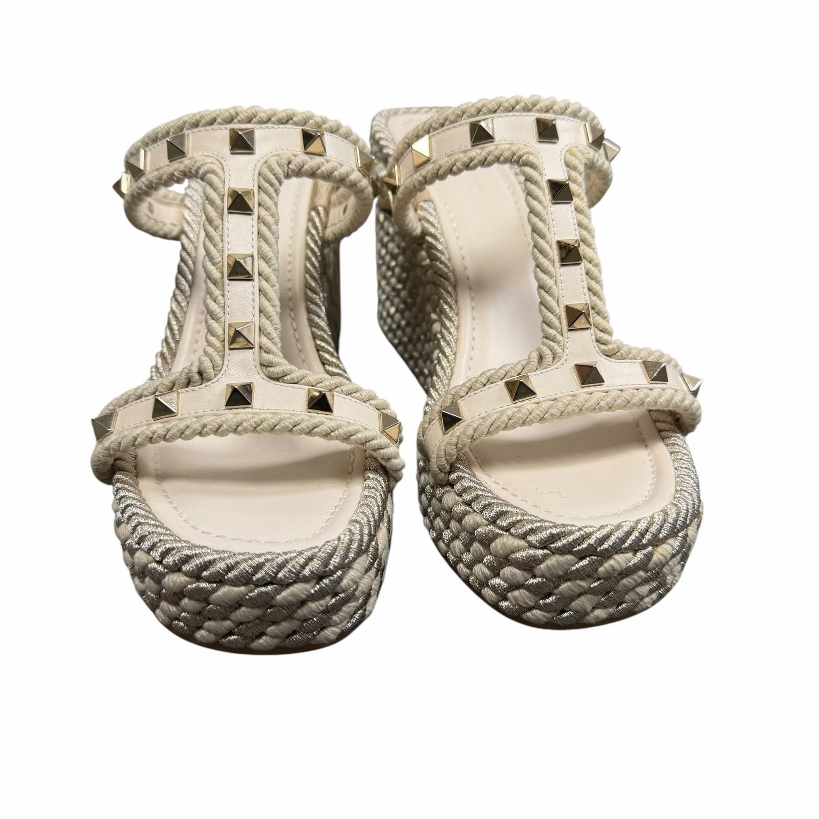 Valentino Garavani Rockstud Torchon Espadrille Caged Wedge Sandals Ivory US 9