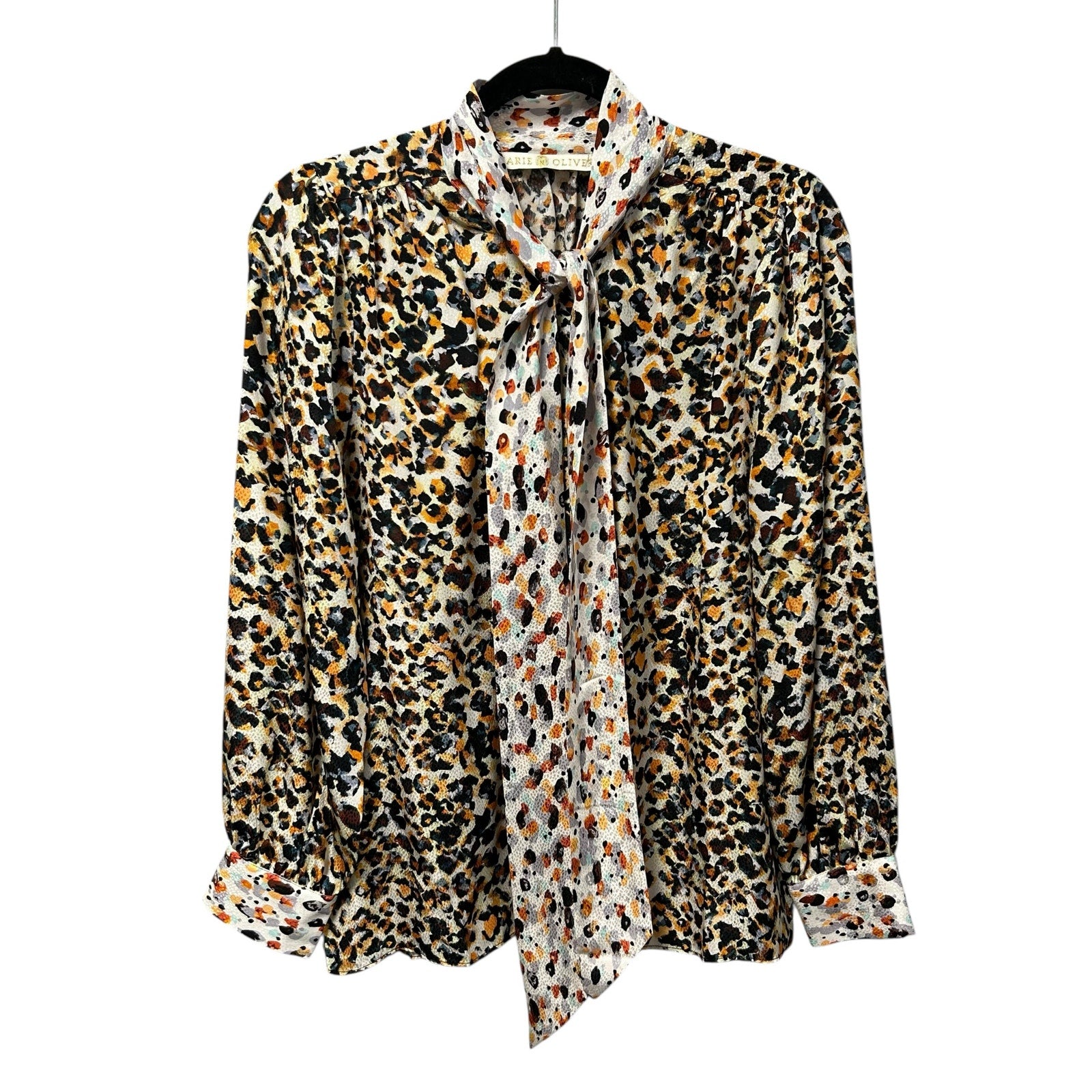Marie Oliver 100% Silk Cream Multicolor Animal Print Tie Neck Top Womens Medium