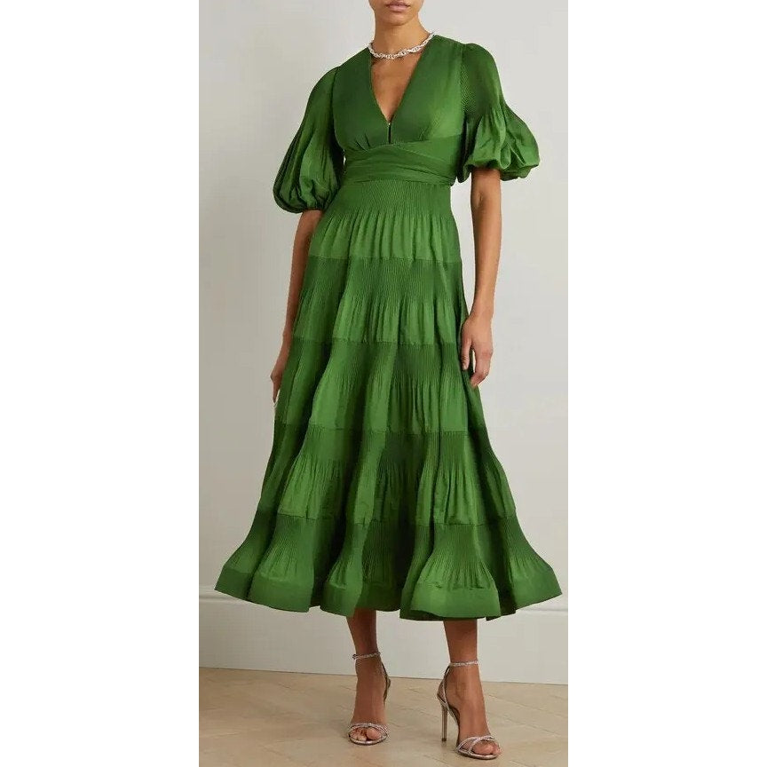 Zimmermann Pleated Tiered Twill Midi Dress Green Womens AU 0 / US 4