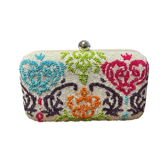 Moyna White Multicolor Printed Beaded Box Clutch / Crossbody Evening Bag