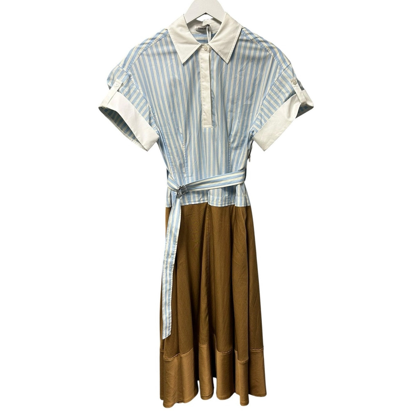 NWT Simkhai Hydrangea Blue White Stripe Belted Midi Shirt Dress Womens 2