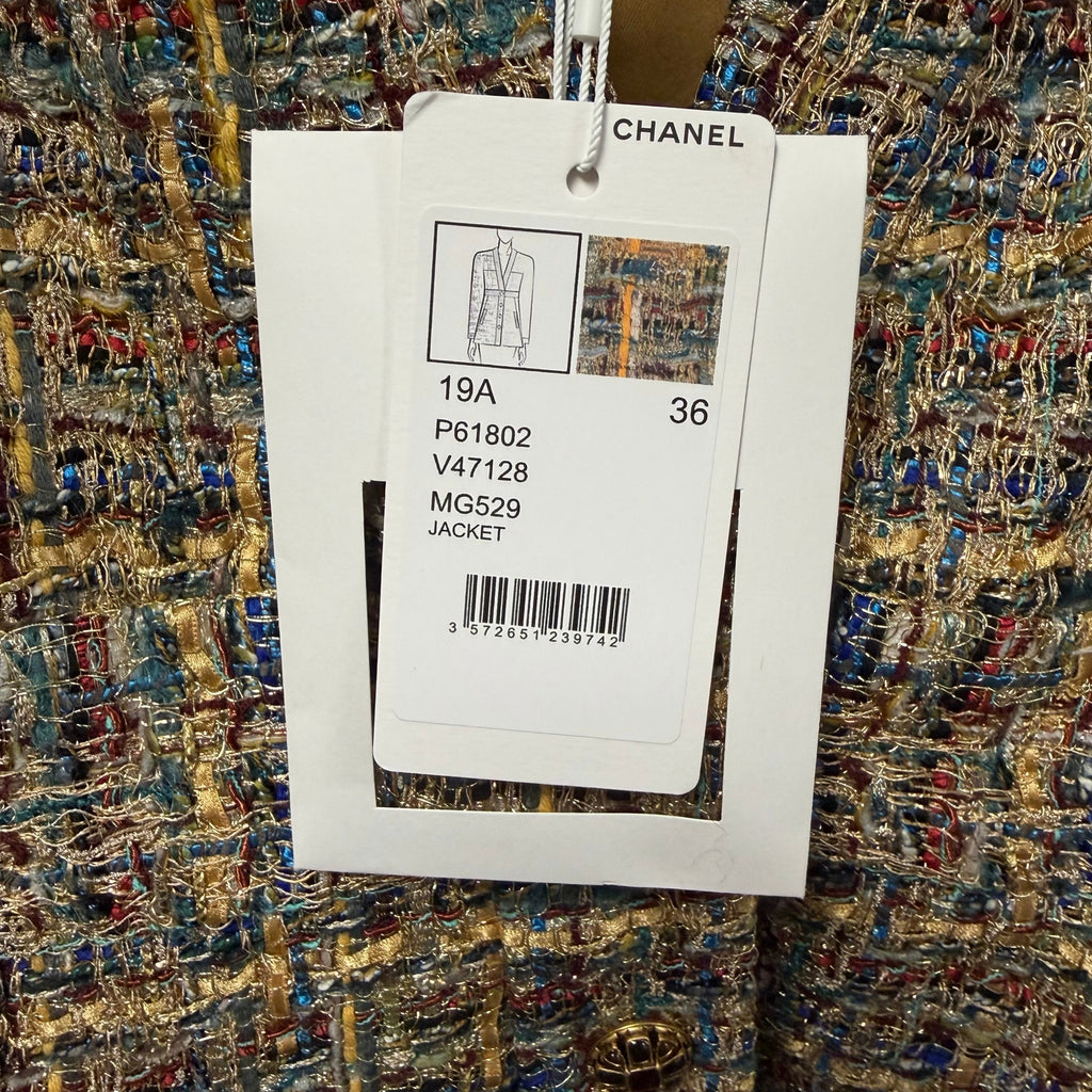 NWT Chanel 2019 Gold Blue Green Tweed Button Front Jacket Womens FR 36 / US 4