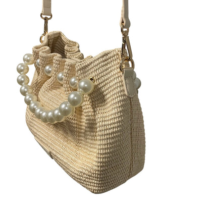Melie Bianco Josie Natural Small Straw Pearl Embellished Top Handle Bag