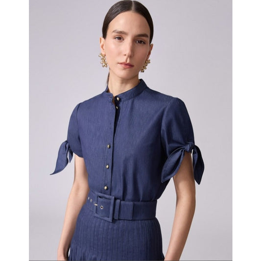 NWT Carolina Herrera Dark Navy Tie Sleeve Collarless Button Down Top Womens 0