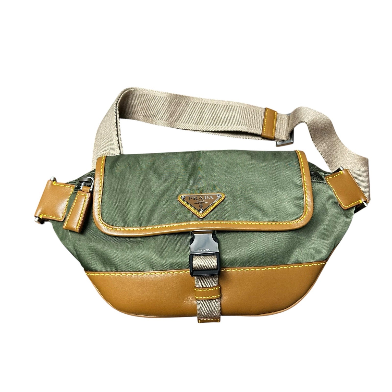 Prada Military Green Caramel Tan Re-Nylon and Leather Shoulder Belt Bag