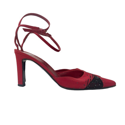 St. John Red Black Beaded Lace Ankle Strap Closed Toe Heels Womens 6.5