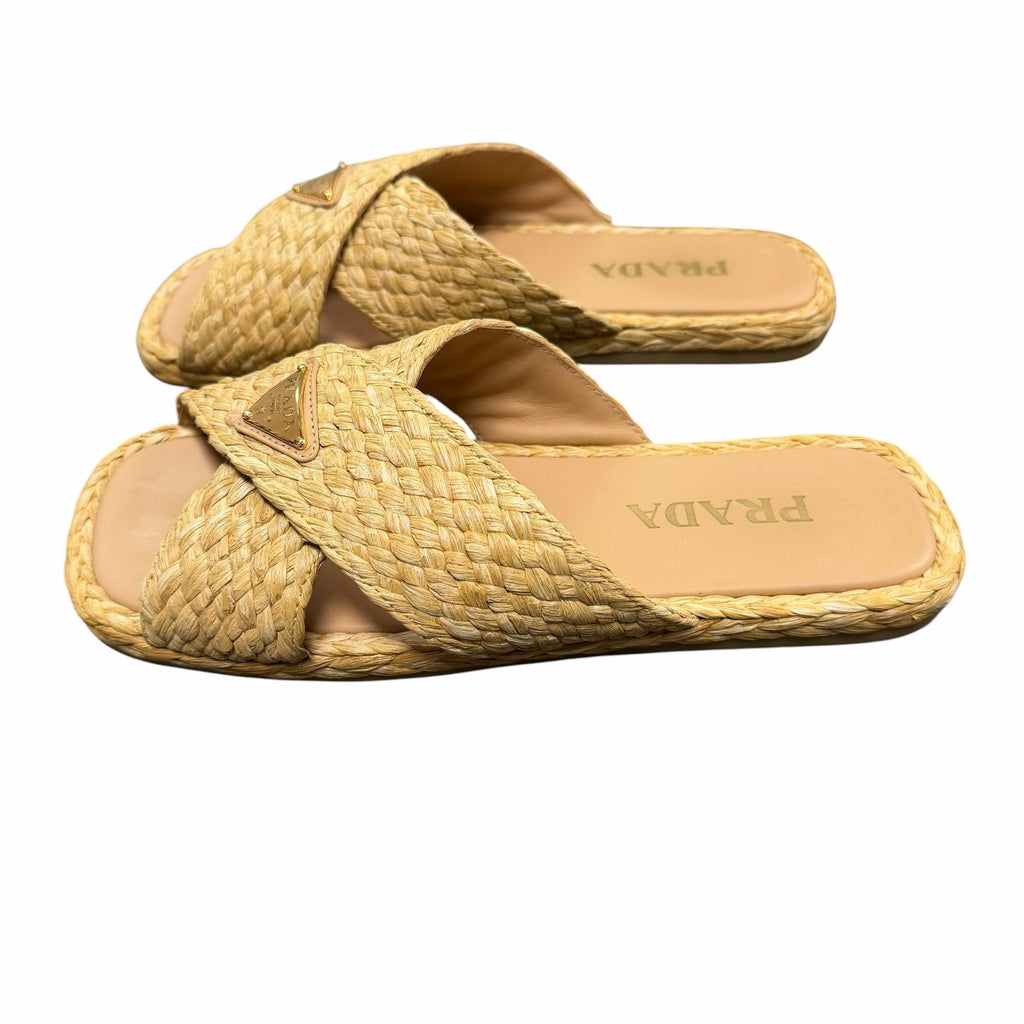 Prada Raffia Criss Cross Slide Sandal Neutral Logo Emblem Size 39 / US 9 Luxury