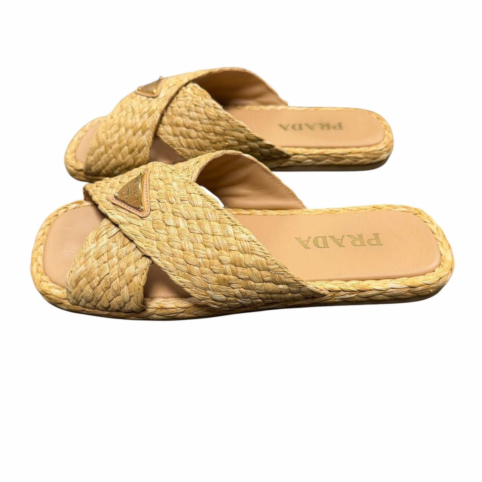 Prada Raffia Criss Cross Slide Sandal Neutral Logo Emblem Size 39 / US 9 Luxury