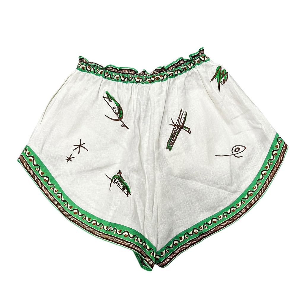 NWT Alemais Ivory Green Wanda Embroidered Drawstring Short Womens US 2
