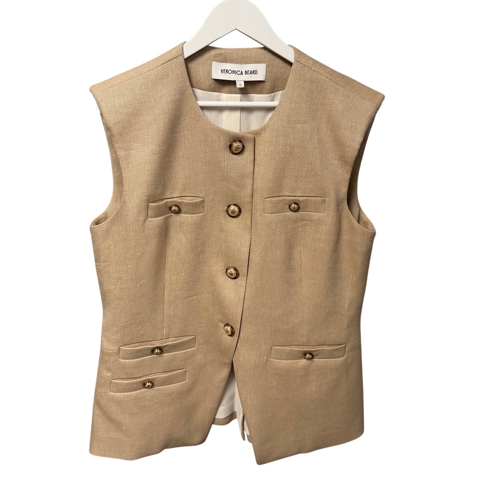 Veronica Beard Tamara Linen Blend Twill Vest Sandalwood Melange Womens 16