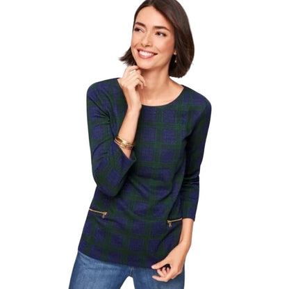 NWT Talbots Navy Green Metallic Plaid Print 3/4 Sleeve Top Womens Petite Medium