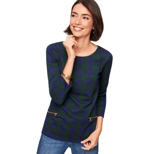NWT Talbots Navy Green Metallic Plaid Print 3/4 Sleeve Top Womens Petite Medium