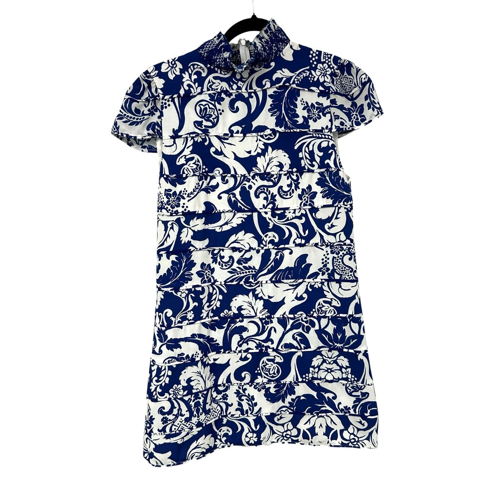 Alice + Olivia Blue & White Karisse Cap Sleeve Mock Neck Mini Dress Womens 10
