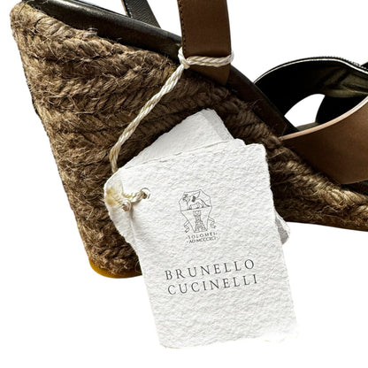 Brunello Cucinelli Tan Black Leather Espedrille Wedge Sandals Womens 9
