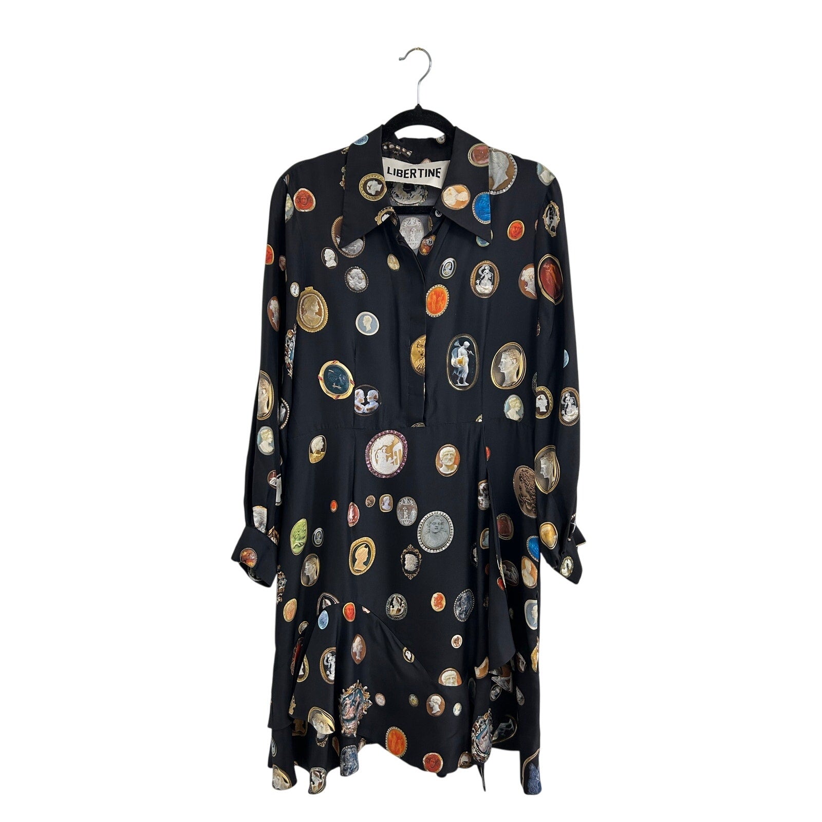 Libertine Cameos Printed Fit & Flare Ruffle Silk Dress Womens Large $2600
