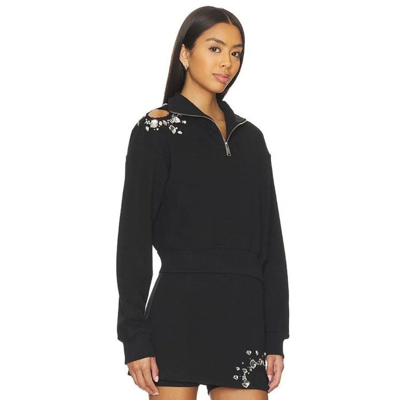 NWT Area Embellished Crystal Cluster Cutout Zip Sweatshirt Black XS Grunge Glam