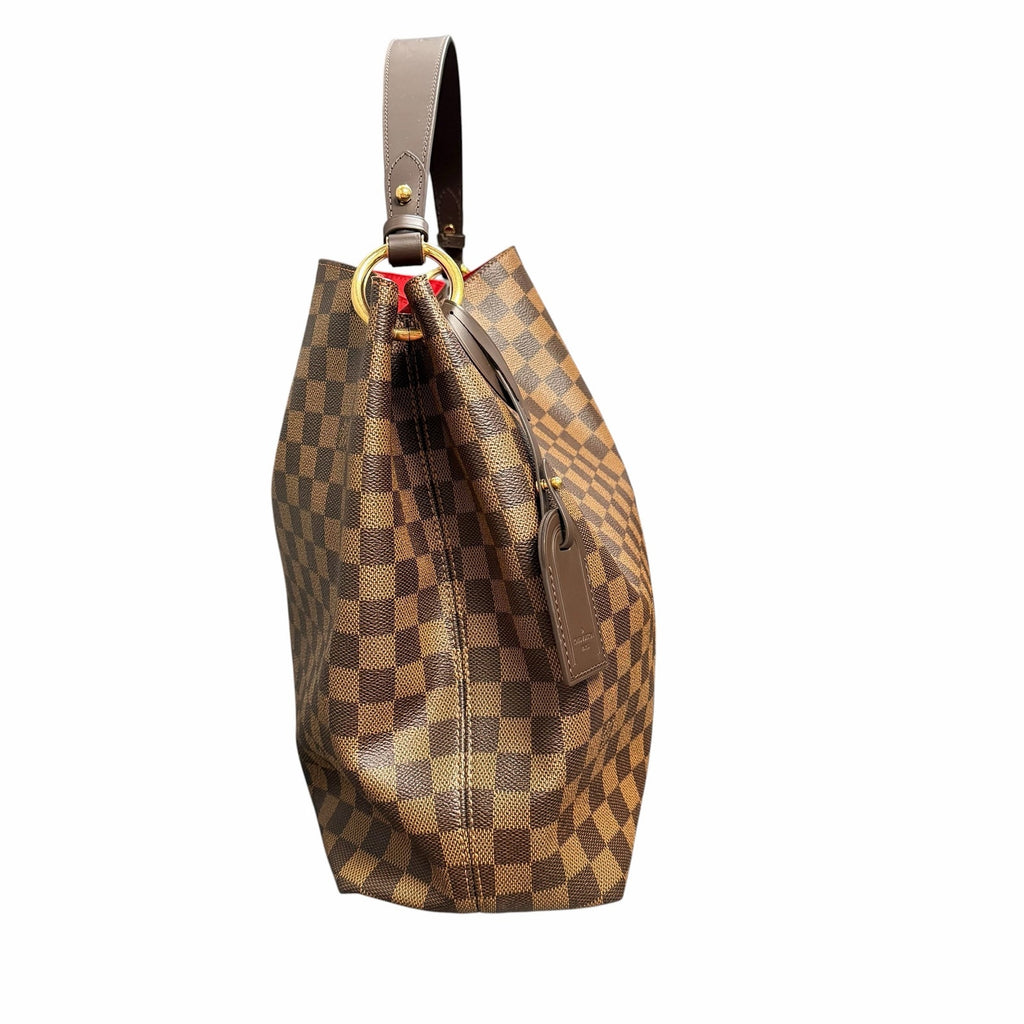 Louis Vuitton Damier Ebene Graceful Hobo PM Handbag Brown Logo Red Lining