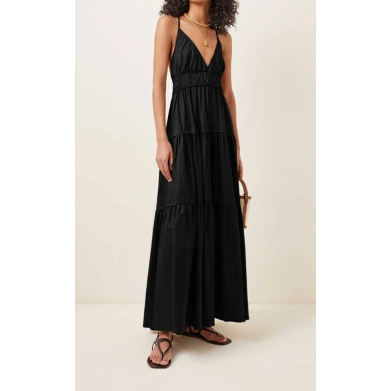 NWT Three Graces London Black 100% Silk Chloe Tiered Maxi Dress Womens 8 / US 4