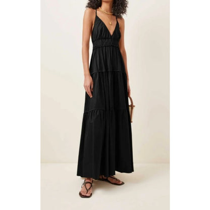 NWT Three Graces London Black 100% Silk Chloe Tiered Maxi Dress Womens 8 / US 4