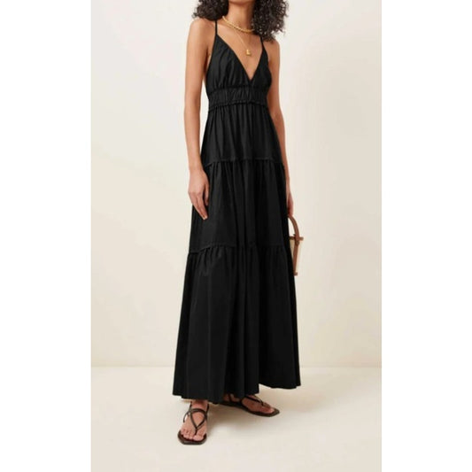 NWT Three Graces London Black 100% Silk Chloe Tiered Maxi Dress Womens 8 / US 4