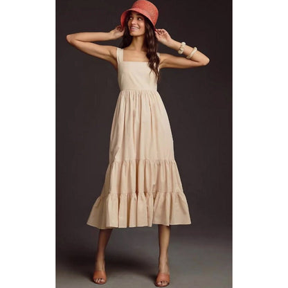 by Anthropologie Cream 100% Cotton Square Neck Tiered Midi Dress Womens Small